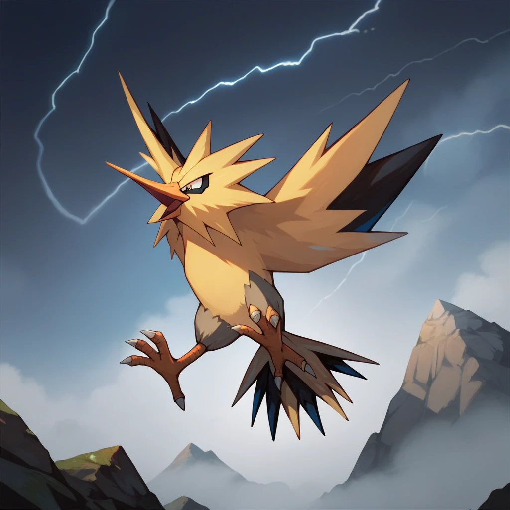 Zapdos, Pokémon, whole body, Solo, flying, thunderball, storm, long beak, stone mountain landscape,