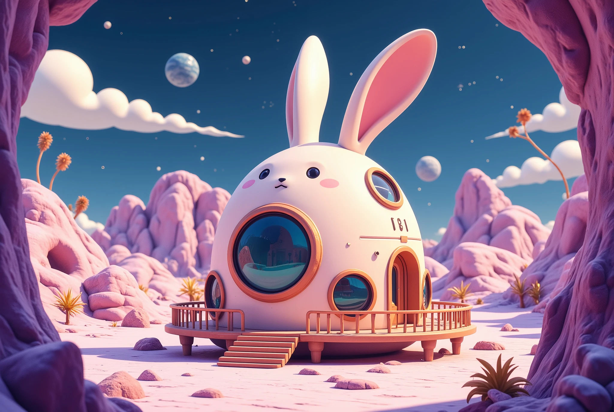 (masterpiece:1.2, best quality, ultra high resolution, Very detailed, best illustrations),8k,wallpaper,Moon base,(月面クレーターの中に建てられた cuteうさぎの形をしたMoon base:2.0),( isometric 3D illustration :2.0), STYLISH,( cute:2.0),( vibrant colors:2.0),( Simple Design :2.0),(SAN-X painting style :2.0)