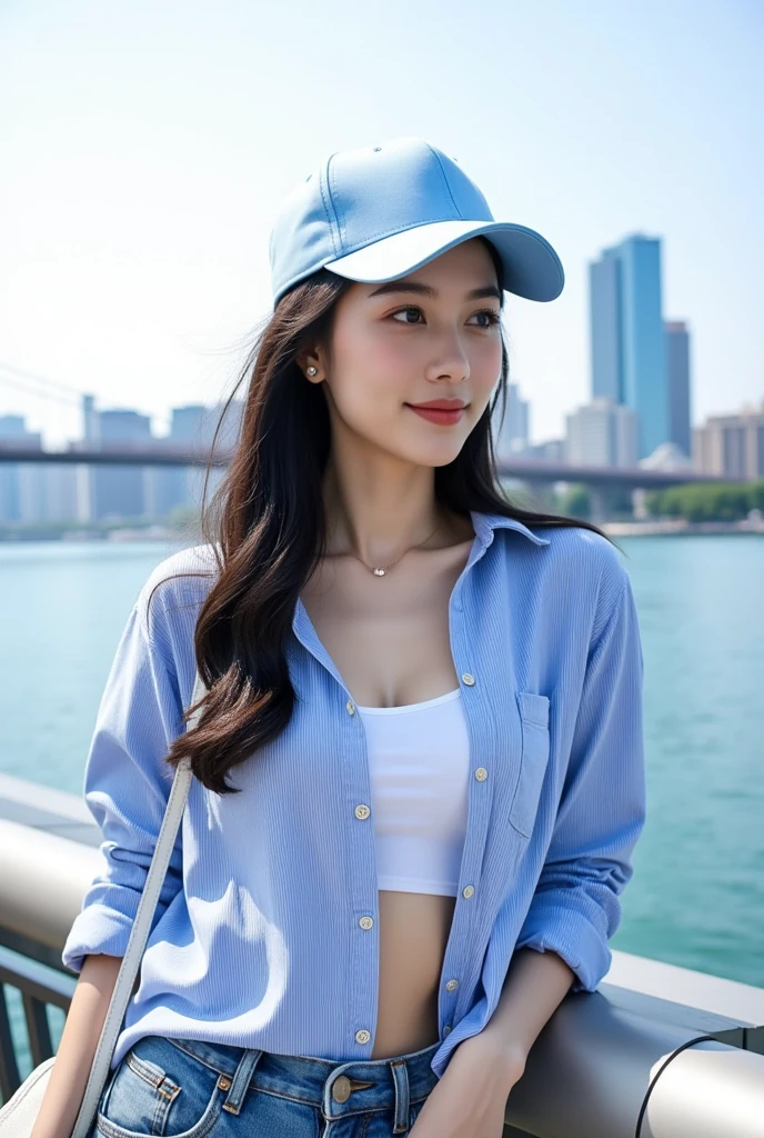 A medium shot of an attractive young Asian woman with long, dark hair, wearing a light blue baseball cap, a vertically striped blue and white oversized button-down shirt, a white crop tank top, and denim jeans. She carries a white handbag over her left shoulder. She's looking off to the left of the frame. She is leaning against a railing overlooking a body of water, with a city skyline and a bridge visible in the background. The overall lighting is bright and sunny, suggesting a daytime scene. The focus is on the woman. The image appears to be from a social media platform, possibly a selfie or a photo taken by someone else.