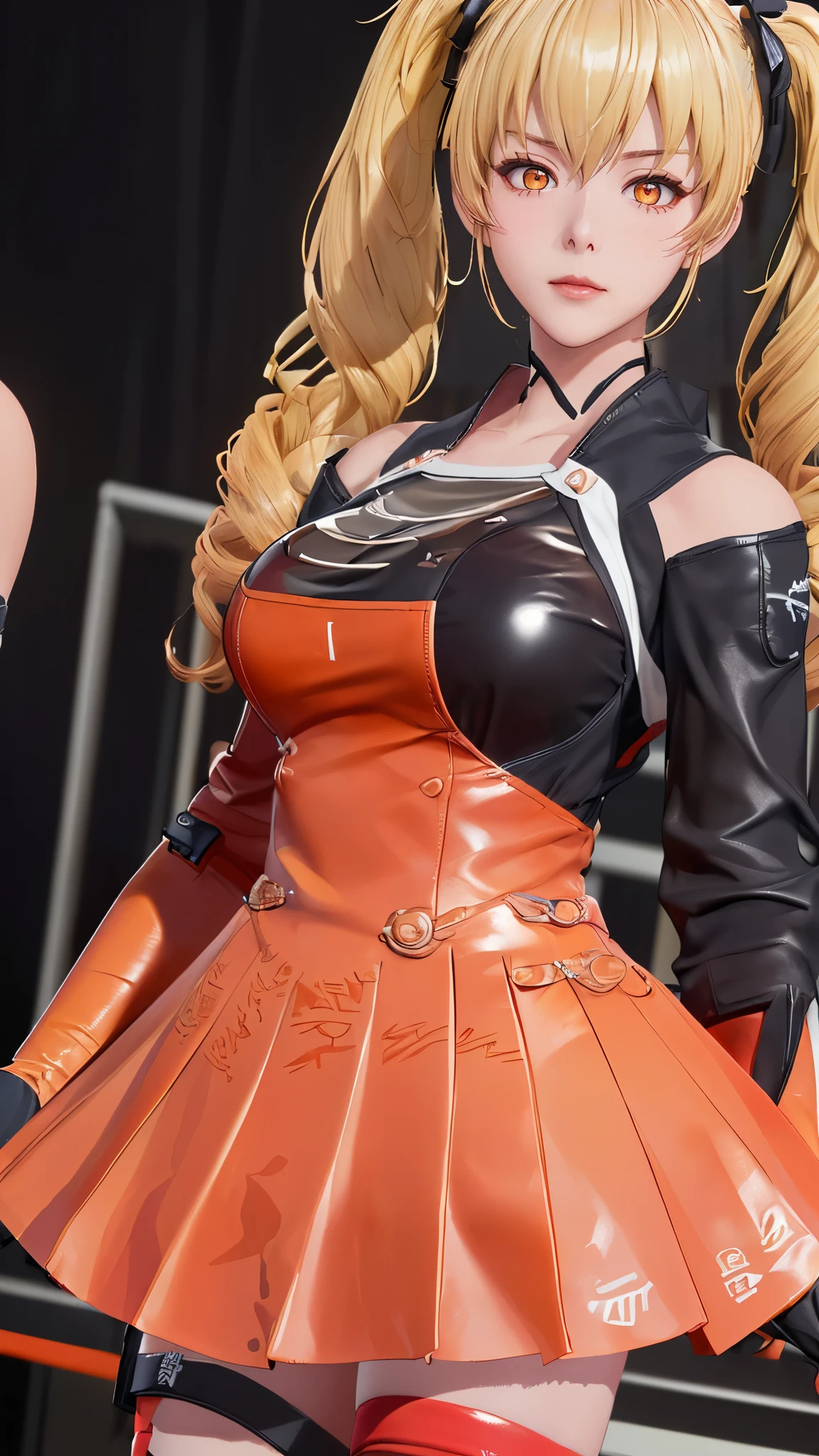 (（（figure，御姐figure,White and tender skin,（（（FenNib , long_sleeves_skirt, red_single_thighhigh, thigh_holster, elbow_gloves, strap, ）））,(（（twintails, Blonde_hair, orange_eyes,））),，((masterpiece)), highres icon,((Best quality at best)),masterpiece,quality,Best quality,(（（  looking at the audience， is open to the audience,Light in the eyes， blush，shy）））， huge ,Chiaroscuro, depth of field, cinematic lighting, motion blur, ray tracing, reflection light, drop shadow, speed lines）））