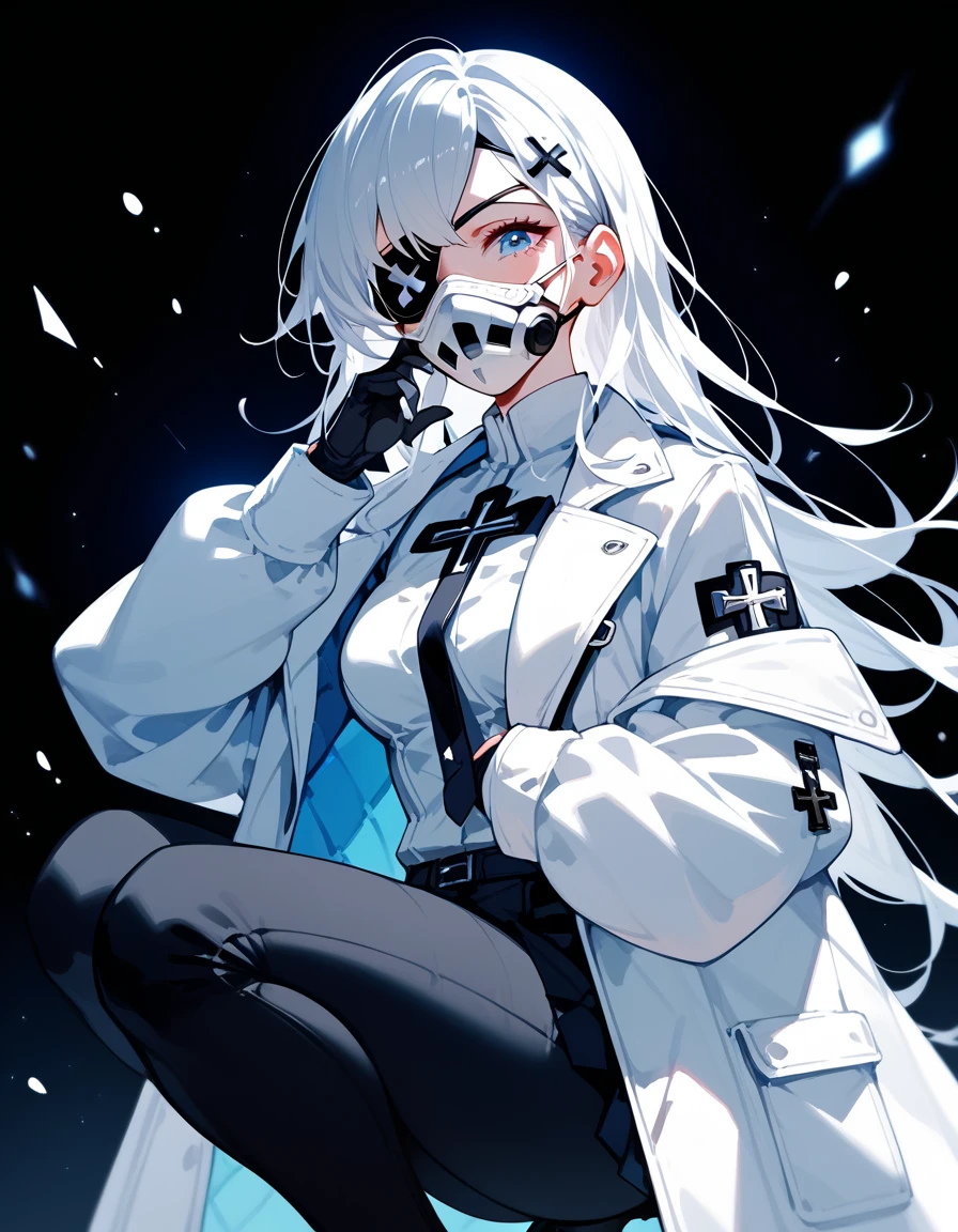  ,White hair,Long hair, in blue eyes, White coat, medium breasts,cool, put on a black short skirt ,Wear long pants, with black cross hairpins, in black cross eyes ,eyes patch,Put on a white mask,cute,Squat, black background