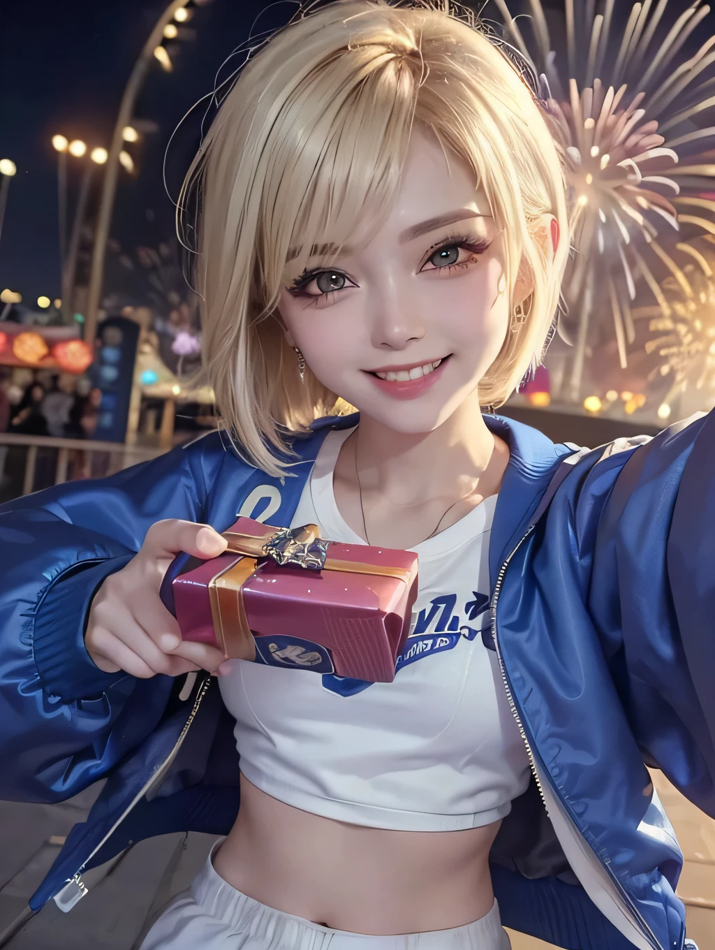 {masterpiece}, (1woman), (pov), (portrait), ((close up)), (in the night), (fireworks), (amusement park, in the crowd), (having gift), 20years old, ((blonde hair, short hair)), (big smile), ((blue bomber jacket)), ((white sweat shirt)), ((blue jogger pants)), ((costume focus)), Korean
