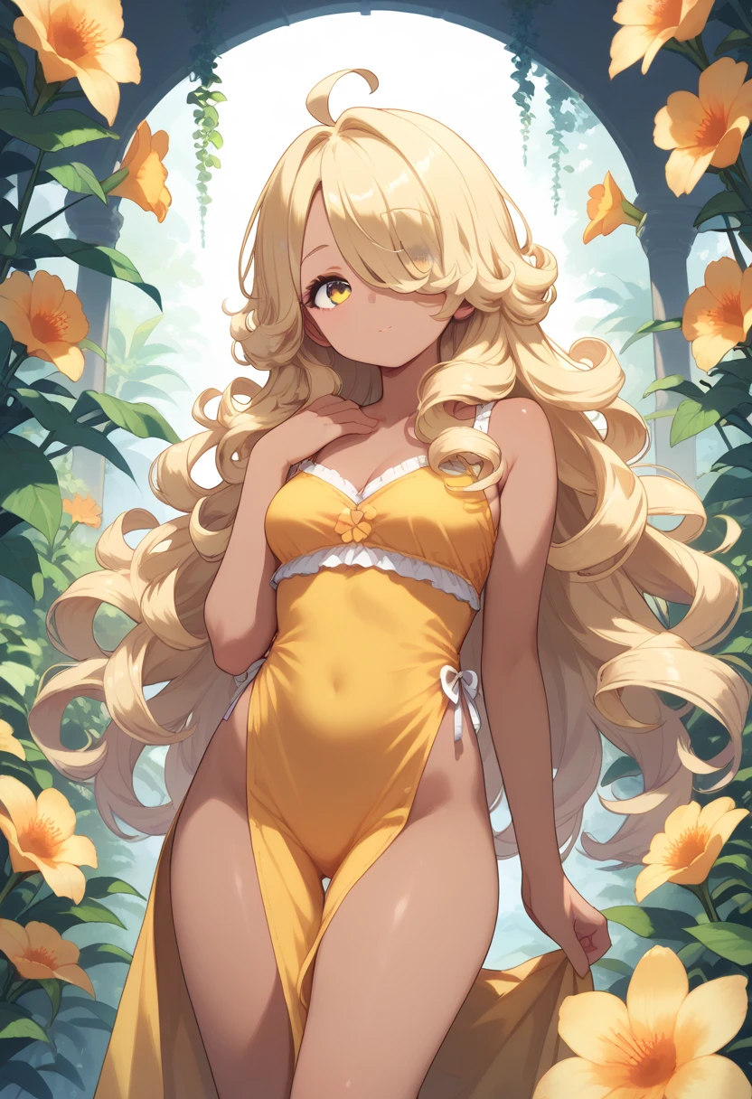 score_9, score_8_up, score_7_up, Blonde hair, long curly hair, hair over one eye, yellow eyes, long hair, dark skin, ahoge, thigh, cute, sexy, sexy hips, background flower,