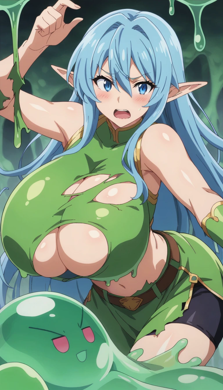 pov, paizuri, 1girls,, , , , paizuri, penis between the breasts, beautiful monster girl, cleavage, , sweat, breasts, naughty, sweat, ,  , green skin ,tentacles, wet , , wet,, bikini, lewd tentacles, tentacle with a mouth,