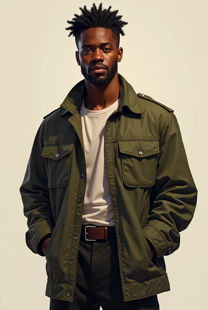 (D850 35mm), Portrait photo of an  african american man with (short hair:1.4), wearing a camo jacket, tattoos, (detailed outdoor city background), detailed, RAW photo, 8k uhd, dslr, high quality, film stock photograph 4 kodak portra 400 camera f1.6 lens rich colors hyper realistic lifelike texture dramatic lighting cinestill 800, (sharp focus:1.1)