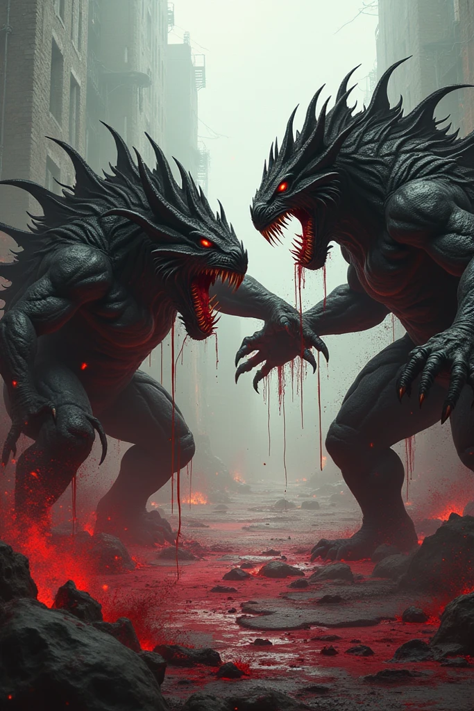 The monsters coming out of the open cage are fighting each other. Bloody and destructive scene, chaos spread all around. King stand aloof and have fun