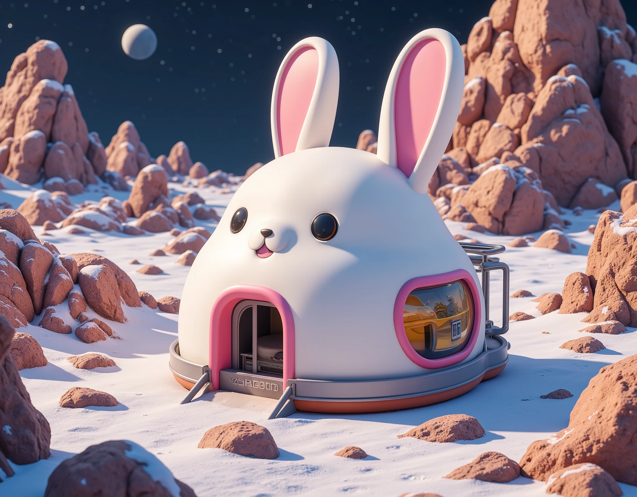 (masterpiece:1.2, best quality, ultra high resolution, Very detailed, best illustrations),8k,wallpaper,Moon base,(月面クレーターの中に建てられた cuteうさぎの形をしたMoon base:2.0),( isometric 3D illustration :2.0), STYLISH,( cute:2.0),( vibrant colors:2.0),( Simple Design :2.0),(SAN-X painting style :2.0),(Rilakkuma style:2.0)