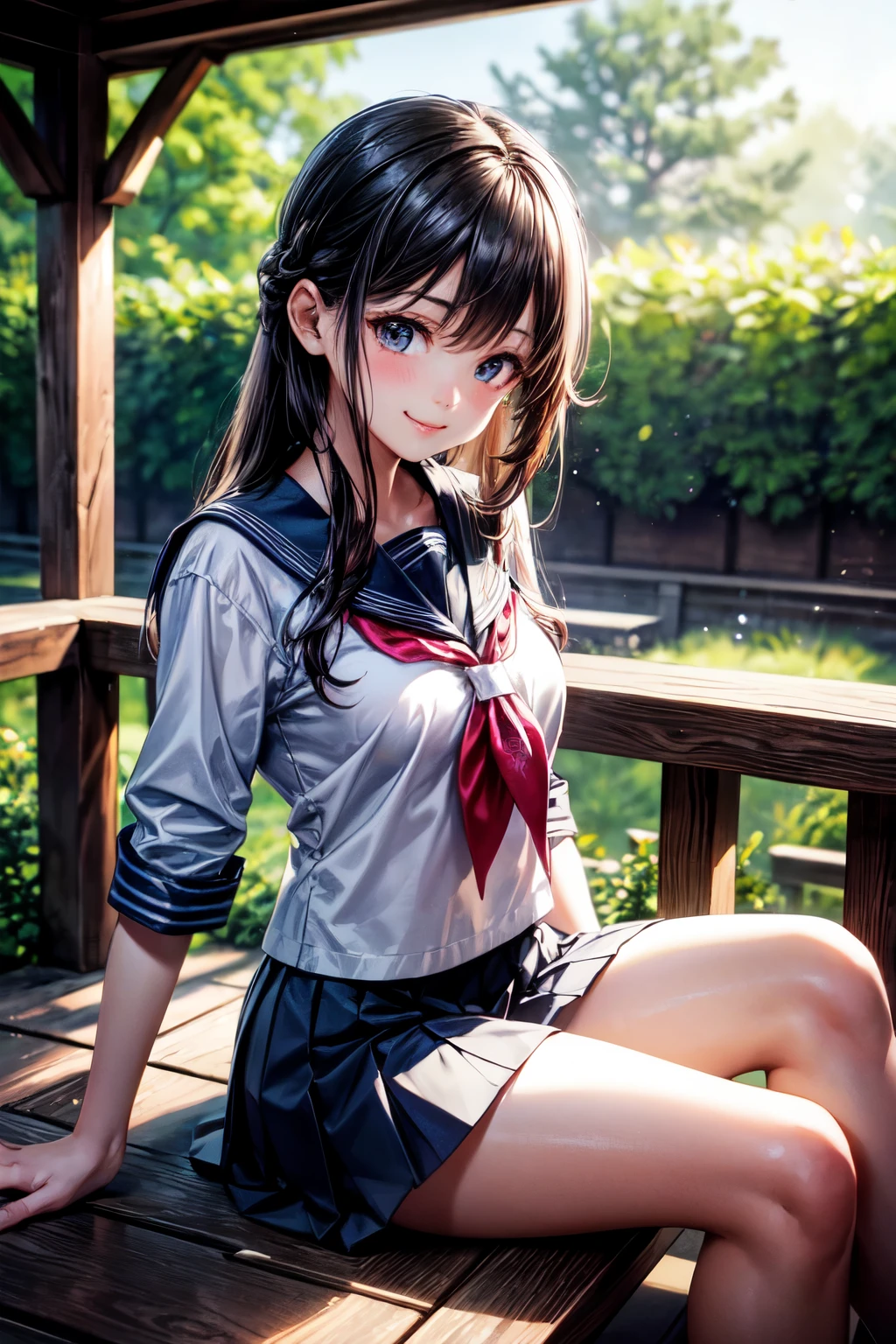 very cute and beautiful girl,teen,(highly detailed beautiful face and eyes:1.2),
smile,(sailor school uniform),(pleated navy blue mini skirt),
sitting,spread legs,white panties,dynamic angle,looking at viewer,black hair,
flower garden,stone stairs,seashore,(best quality,masterpiece:1.2),intricate details,extremely detailed,
8k resolution,solo,hair fluttering in the wind,beautiful detailed sky,