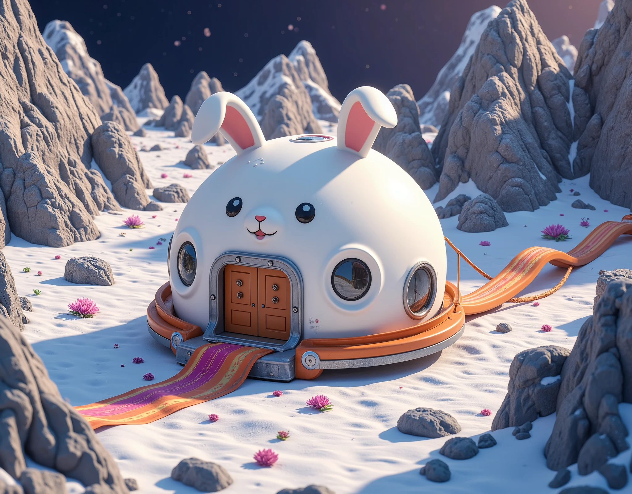 (masterpiece:1.2, best quality, ultra high resolution, Very detailed, best illustrations),8k,wallpaper,Moon base,(月面クレーターの中に建てられた cuteうさぎの形をしたMoon base:2.0),( isometric 3D illustration :2.0), STYLISH,( cute:2.0),( vibrant colors:2.0),( Simple Design :2.0),(SAN-X painting style :2.0),(Rilakkuma style:2.0)