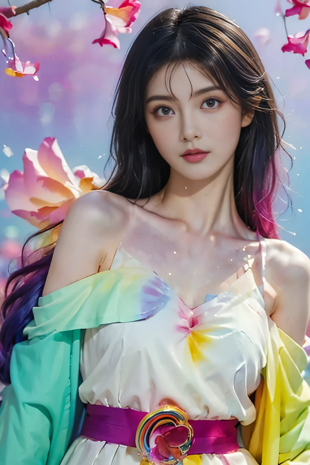 （Pink Fashion T-shirt：1.9），( colorful hair : 1.8), (All the colors of the rainbow: 1.8),(((((vertical coatinging：1.6))), （coatinging：1.6），forward, comics, illustrations, coatingings,  big eyes,   crystal clear eyes  ,（ 彩虹色Gradient高马尾：1.7）,  exquisite makeup , Shut up,([Small fresh: 1.5),( Wipe Chest : 1.6) ，Long eyelashes, White off-the-shoulder T-shirt,  white shoulder shirt ， watches viewers , Large watery eyes, (Rainbow Hair：1.6), 色彩飞splash, （ unique ：1.8）, 色彩飞splash, Color Burst, thick coating style, Messy lines, ((Luminescence))，( colorful ), ( colorful ), ( colorful ),  colorful , Thick coating Style, (splash) (Color splash), Vertical coatinging,  big breasts :1.2, coating splash, Acrylic paint, Gradient, coating,  highest image quality ,  top quality , masterpiece,  unique ,  Depth of Field, Face coating,   colorful  clothes, (Elegant: 1.2), Gorgeous,Long hair, wind, (Elegant: 1.3), (petal: 1.4)，(((masterpiece))),((( Quality Best ))),((Super Fine)),(illustration),( dynamic angle),((floating)),(coating),(( disheveled hair)),( unique ),(1 Girl) , (((详细的动画面部))),(( beautiful detailed face )),collar, bare shoulders,White hair, (( colorful  hair)),(( mottled hair)), beautiful and meticulous eyes ,(Gradient color eyes),((( colorful  eyes))),((( colorful  background))),(((High Saturation))),(((surrounded by  colorful  splashes))),