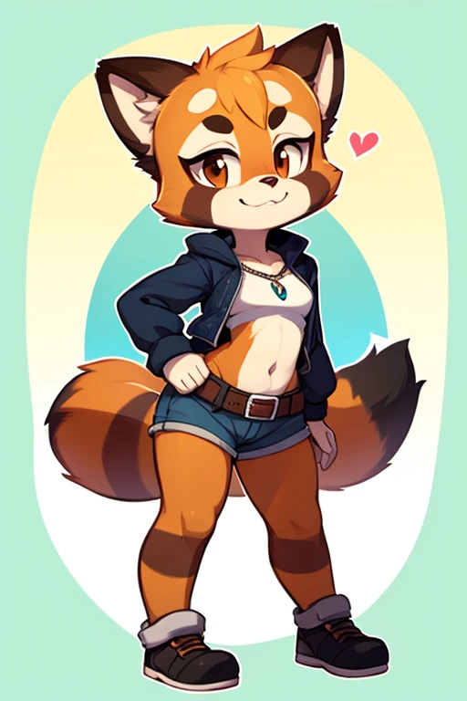 girl, tanuki, furry, bodyfur, tail, collar, topless, jersey pants, long pants, glove, barefoot, chibi, sparkling eyes, full body