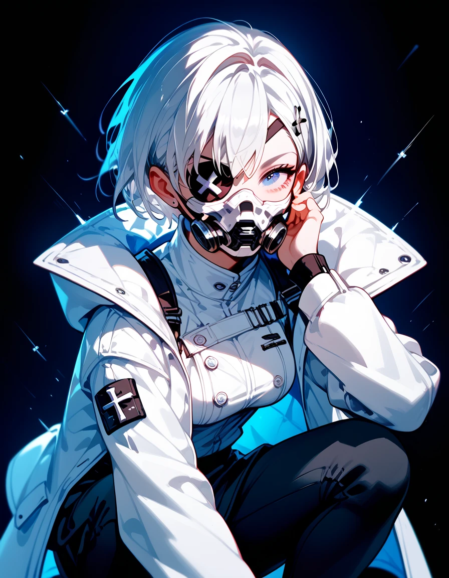  ,White hair,Short hair,I tied my hair, in blue eyes, White coat, medium breasts,cool, put on a black short skirt ,Wear long pants, with black cross hairpins, in black cross eyes ,eyes patch, white mask ,cute,Squat, black background