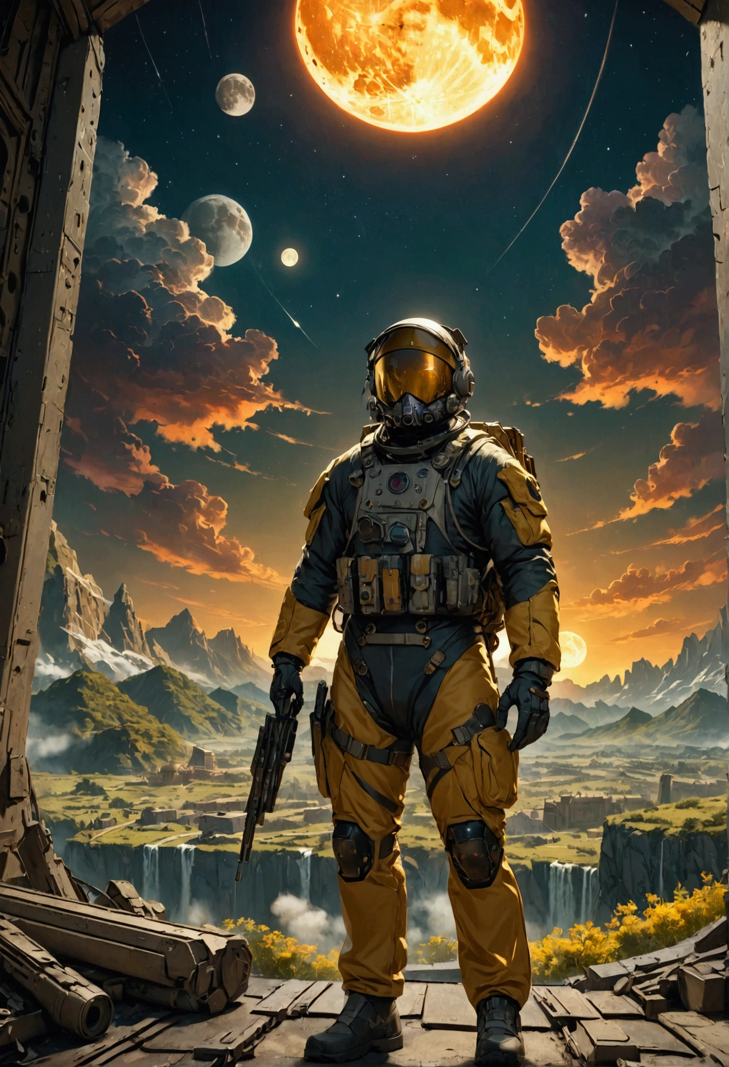 on the beautiful moon. The moon\( converted into military base. many space weapons roar off the runway. A marshaller\( in a combat suit, guiding\).Beautiful architecture\).Beautiful landscape. longshot.realistic movie scene. BREAK .quality\(8k,wallpaper of extremely detailed CG unit, high resolution, top-quality, top-quality real texture skin, hyper realistic, increase the resolution, RAW photos, best quality, highly detailed, the wallpaper, golden ratio, high saturation realism, vibrant colors, dramatic lighting, persuasive storytelling, atmospheric scenery, captivating visuals, intricate details, strong emotions, dreamlike world\)