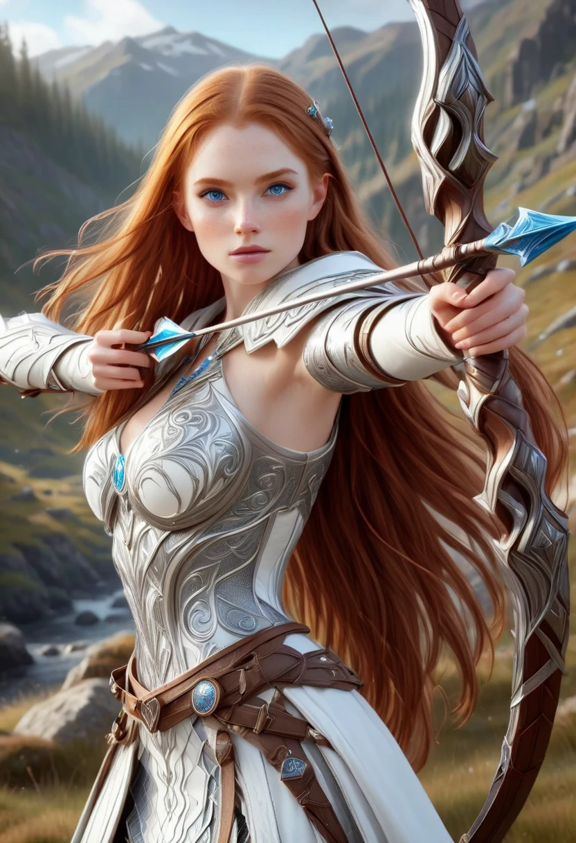 Photorealistic image ((Masterpiece)), ((high quality)) UHD 8K, of a real (Viking archer goddess, Hilda), strong, ((slim body)), ((tall model)), ((skinny waist)), full body , ((long ginger hair with braids)), (blue eyes), (((hyper-realistic white fantasy full white armor, with intricate details))), (((wielding a fantasy bow weapon aiming at the camera))), ((long cloak of skin)), (in guardian position, in Valhalla), realistic photography, natural lighting, professional DSLR camera, mecha, robot,