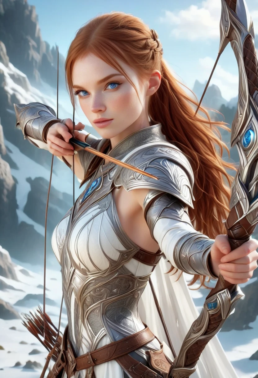 Photorealistic image ((Masterpiece)), ((high quality)) UHD 8K, of a real (Viking archer goddess, Hilda), strong, ((slim body)), ((tall model)), ((skinny waist)), full body , ((long ginger hair with braids)), (blue eyes), (((hyper-realistic white fantasy full white armor, with intricate details))), (((wielding a fantasy bow weapon aiming at the camera))), ((long cloak of skin)), (in guardian position, in Valhalla), realistic photography, natural lighting, professional DSLR camera, mecha, robot,