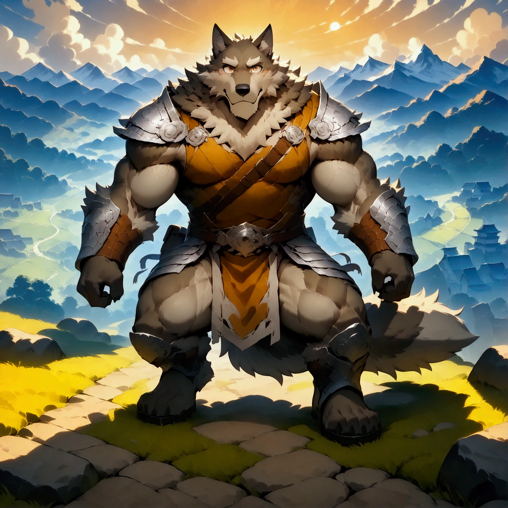 character focus, full body, looking away, various angle, european fantasy, a muscle middle-aged wolf man, heroic costume clothes, armor, shirt, pants, dynamic pose, BREAK complete anatomy, perfect proportions, beautiful thigh gap, fluffy body, intricate fur details, beautiful fur texture, BREAK a detailed wolf 1tail, detailed boots, detailed foot, detailed hands, 5fingers, 5fingers nails, BREAK aesthetic anime face, insanity detailed face, male face, big face, square jawline, aesthetic anime eyes, detailed brown eyes, detailed brown cornea, detailed dark brown irises, detailed pupils, male eyes, big eyes, male eyebrows, innocent look, beautiful beard, BREAK full body in Michelangelo Buonarroti style, digital illustration anime, housamo style, detailed painting landscape, mountain, path, outdoor, full color, HDR, BREAK masterpiece, official art, best quality, very aesthetic, absurdres, super fine illustration, great quality, BREAK noise reduction, very highres, large filesize, high quality, 32K, 8k wallpaper, dynamic lighting, BREAK insanity detailed, ultra detailed, intricate details, extremely detailed, detailed texture, an extremely delicate and beautiful, BREAK osukemo, e621 illustration, kemohomo, anthropomorphic, furry, cartoon, harmonious body, pastoral face, virtuous eyes, epic atmosphere