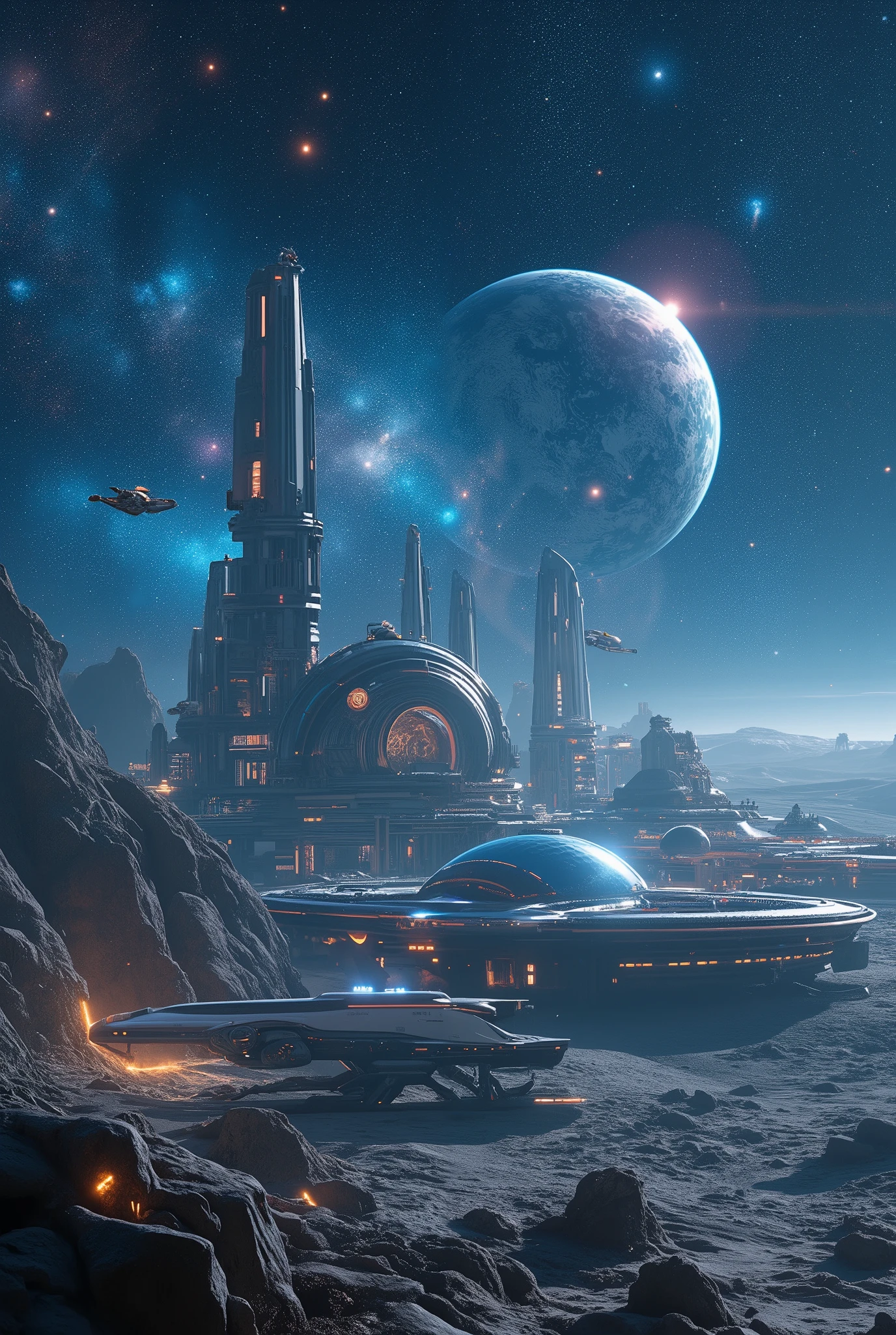 A sprawling, futuristic moon base set on the lunar surface, with a sleek, cutting-edge design featuring interconnected domes, glowing energy conduits, and massive observatory towers. The base is illuminated by neon-blue and silver lights, blending harmoniously with the barren, rocky lunar terrain. Advanced spacecraft are docked on landing pads, with robotic arms and drones hovering nearby. Above, a breathtaking view of the galaxy fills the sky, showcasing vibrant nebulae, distant planets, and a cascade of stars. A faint Earth glimmers on the horizon, adding a sense of scale and wonder. The scene is highly detailed and realistic, with intricate textures on the structures and lunar dust softly scattering the light. The overall atmosphere is futuristic, awe-inspiring, and filled with the promise of exploration, 