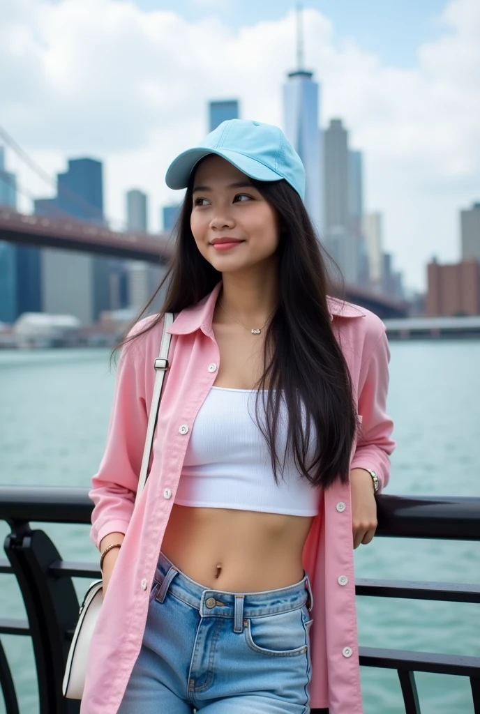 Medium shot of an attractive young Asian woman with long dark hair, wearing a light blue baseball cap, pink shirt, white crop top and jeans. She has a white handbag slung over her left shoulder. She is looking to the left of the frame. She is leaning against a railing overlooking the water. The city skyline and bridge are visible in the background. The overall lighting is bright and fresh, reminiscent of a daytime scene. The focus is on the woman. This photo appears to be from a social media platform, possibly a selfie or a photo taken by someone else.