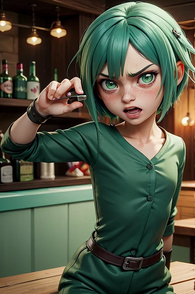 (10year old powder from arcane), (sap green hair), green eyes, (tiny body), freckles, open mouth, teeth, shy, ((drunk)), in a bar, green outfit, angry, blushing,