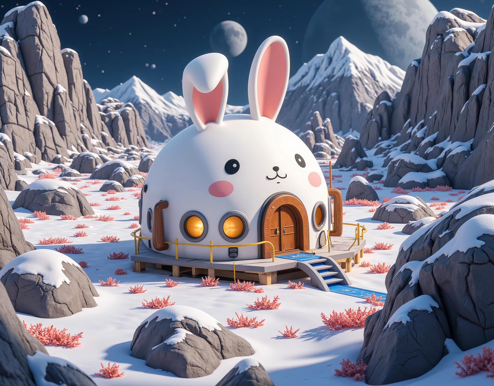 (masterpiece:1.2, best quality, ultra high resolution, Very detailed, best illustrations),8k,wallpaper,Moon base,(月面クレーターの中に建てられた cuteうさぎの形をしたMoon base:2.0),( isometric 3D illustration :2.0), STYLISH,( cute:2.0),( vibrant colors:2.0),( Simple Design :2.0),(SAN-X painting style :2.0),(Rilakkuma style:2.0)