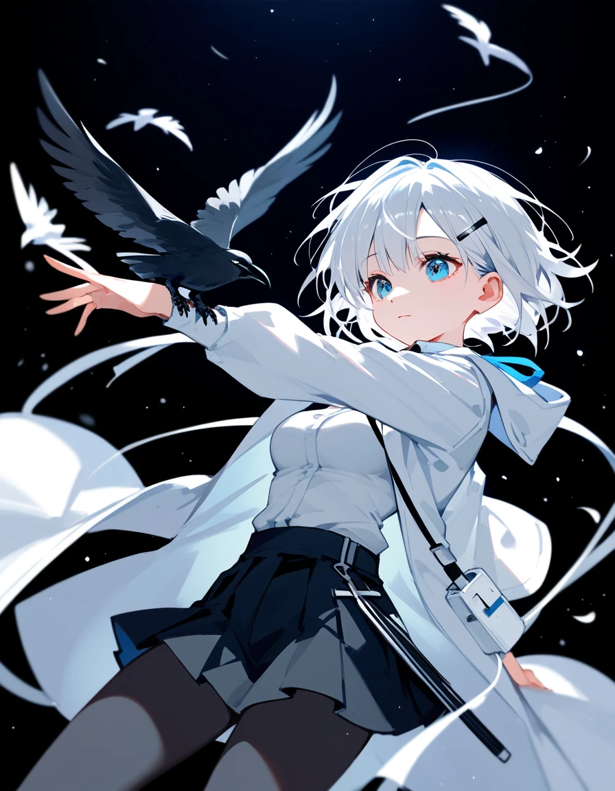  ,White hair,Short hair,I tied my hair, in blue eyes, White coat, medium breasts,cool, put on a black short skirt ,Wear long pants, with a black cross hair clip., in black cross eyes ,cute, black background,Crow Doctor Mask