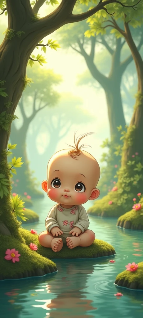 (8K), (Best quality) , (best details), (ultra realistic), (high resolution), (Masterpiece:1.2), (UHD), full body, full figure, res, Robust construction, Vivid colors, Soft lighting, vibrant color palette, sharp focus, subsurface scattering, f2, 35mm, film grain, A hyper-realistic close-up image of a baby perched on a dew-covered leaf in an enchanting garden. This scene depicts a soft, gentle, and beautiful morning moment. Image quality and detail is similar to what would be expected from photos taken with a Sony Alpha camera using a 100mm macro lens, with resolution comparable to 8K UHD. Detailed of moving of dew fallen on leaves, displaying a high level of realism and sharpness