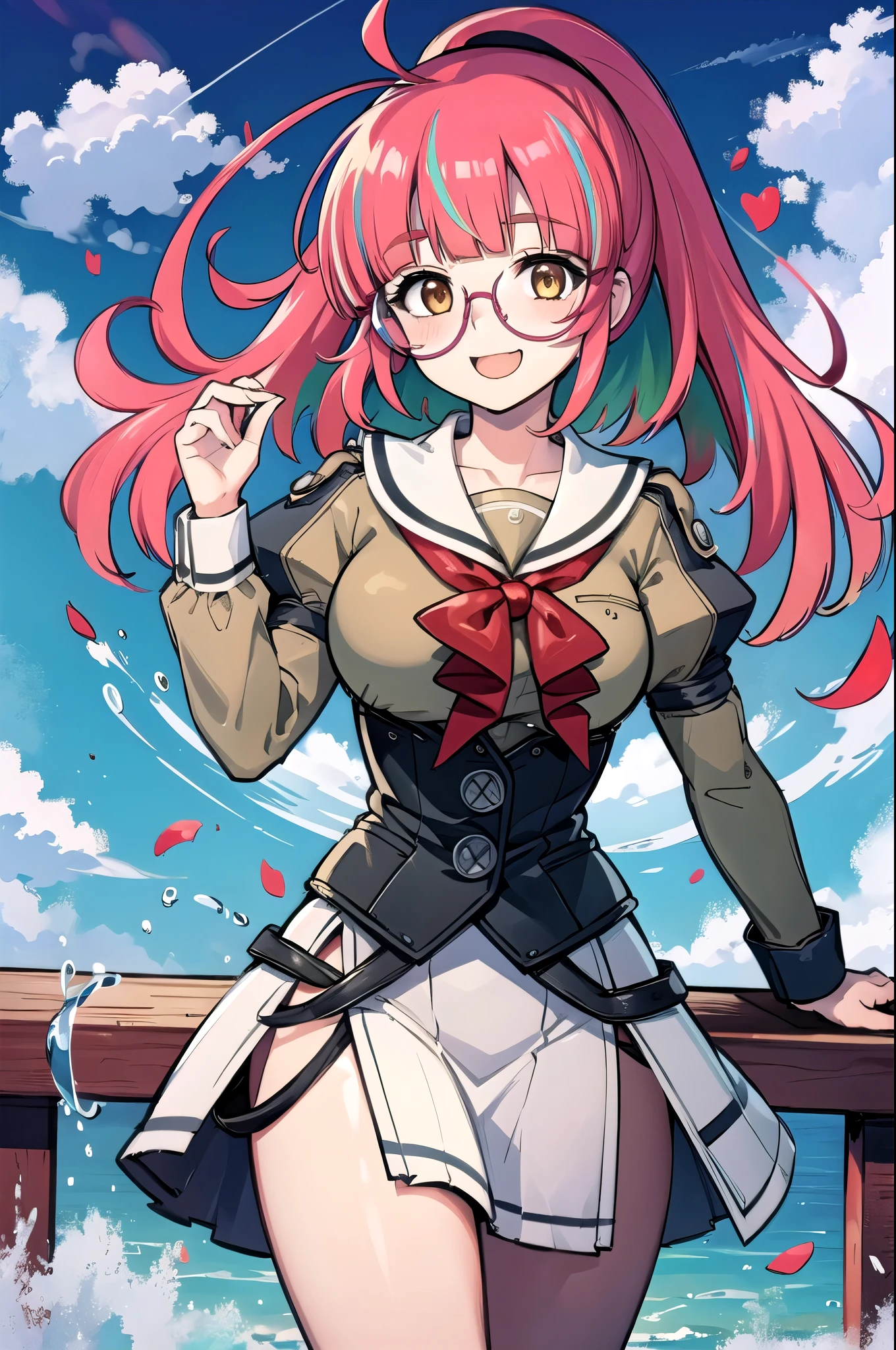 Anime girl with pink hair and glasses standing on a pier - SeaArt AI