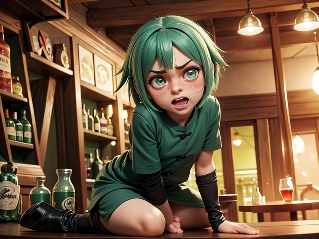 (10year old powder from arcane), (sap green hair), green eyes, (tiny body), freckles, open mouth, teeth, shy, ((drunk)), in a bar, green outfit, angry, blushing, sitting on a man,