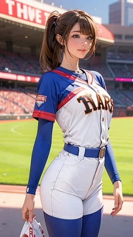   A very beautiful woman is wearing a New York uniform,Hit at Giants Stadium 、Fourth batter 