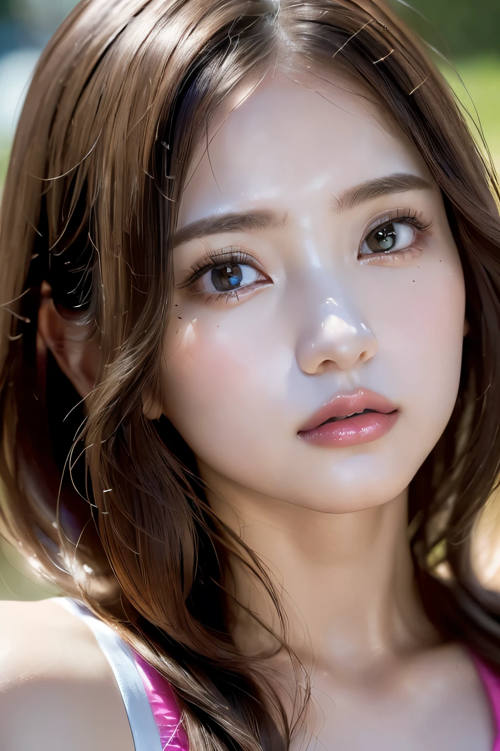 (( The contrast between light and shadow makes the subject look three-dimensional )), realism, Realistic, (HYPER DETAILED ABSURD , Realisticなベルベットのような滑らかできれいな肌のハイパーな不条理クオリティ), ((Best high quality realistic textured hair)), Hyper-Photorealistic (( portrait)) Cute 1 model: 1.4. 24 years old, (( close up of her face:1.5)), DSLRs, top quality soft lighting , Sharp focus captured by the Fujifilm XT3, f 5.6, In dramatic lighting, (Beautiful slim and sharp face), ((perfect round brown 、Extremely absurd details _eye:1. 3 HYPER ABSURD DETAIL QUALITY )), (Light and pale skin tone ), ((Hyper-realistic sharp eye, Clearly absurd quality, Not blurry))), (( Finely Detailed Papyrus :1.4)), ( Completely-valid:1.35), (( hyper-detailed symmetrical lips :1.3)), (((V-shaped jaw)), ( bright glossy pink lipstick:1.35), ((Hyper absurd details of realistic 2長_green_ eyelash : 1.25 in hyper absurd quality)), ((Perfect darkness_eyehadows:1.45)), ( super detailed, Beautiful small nose:1.2), ( perfect composition), ( WEARING A WHITE SPORTS TANK TOP :1.21), ( Show me your belly ), ( brown hair, Natural Wave Hair :1.37), please hang her bangs for a long time, beautiful hairstyle