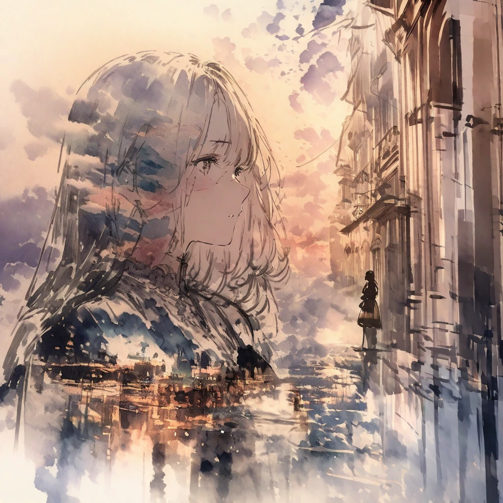 ((sketch:1.5)), ((watercolor:1)), Double Exposure of a Beautiful and Delicate Woman (The face is clear and perfect)image，Background、 Perfect Ultra Detailed Victorian Scenery , beautiful, beautiful笑顔, complicated illustration,  Artwork Concept Artwork, break,( who was praised、Is it my true self ),