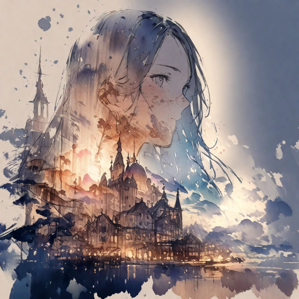 ((sketch:1.5)), ((watercolor:1)), Double Exposure of a Beautiful and Delicate Woman (The face is clear and perfect)image，Background、 Perfect Ultra Detailed Victorian Scenery , beautiful, beautiful笑顔, complicated illustration,  Artwork Concept Artwork, break,( who was praised、Is it my true self ),