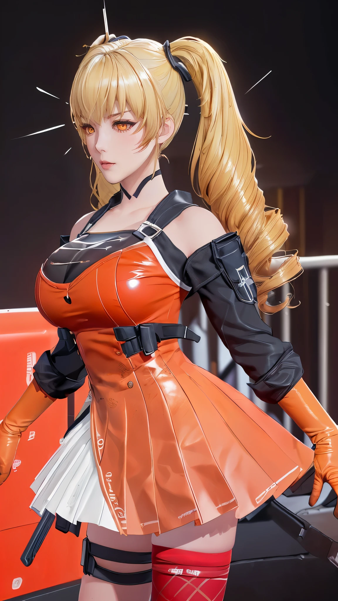 (（（figure，御姐figure,White and tender skin,（（（FenNib , long_sleeves_skirt, red_single_thighhigh, thigh_holster, elbow_gloves, strap, ）））,(（（twintails, Blonde_hair, orange_eyes,））),，((masterpiece)), highres icon,((Best quality at best)),masterpiece,quality,Best quality,(（（  looking at the audience， is open to the audience,Light in the eyes， blush，shy）））， huge ,Chiaroscuro, depth of field, cinematic lighting, motion blur, ray tracing, reflection light, drop shadow, speed lines）））