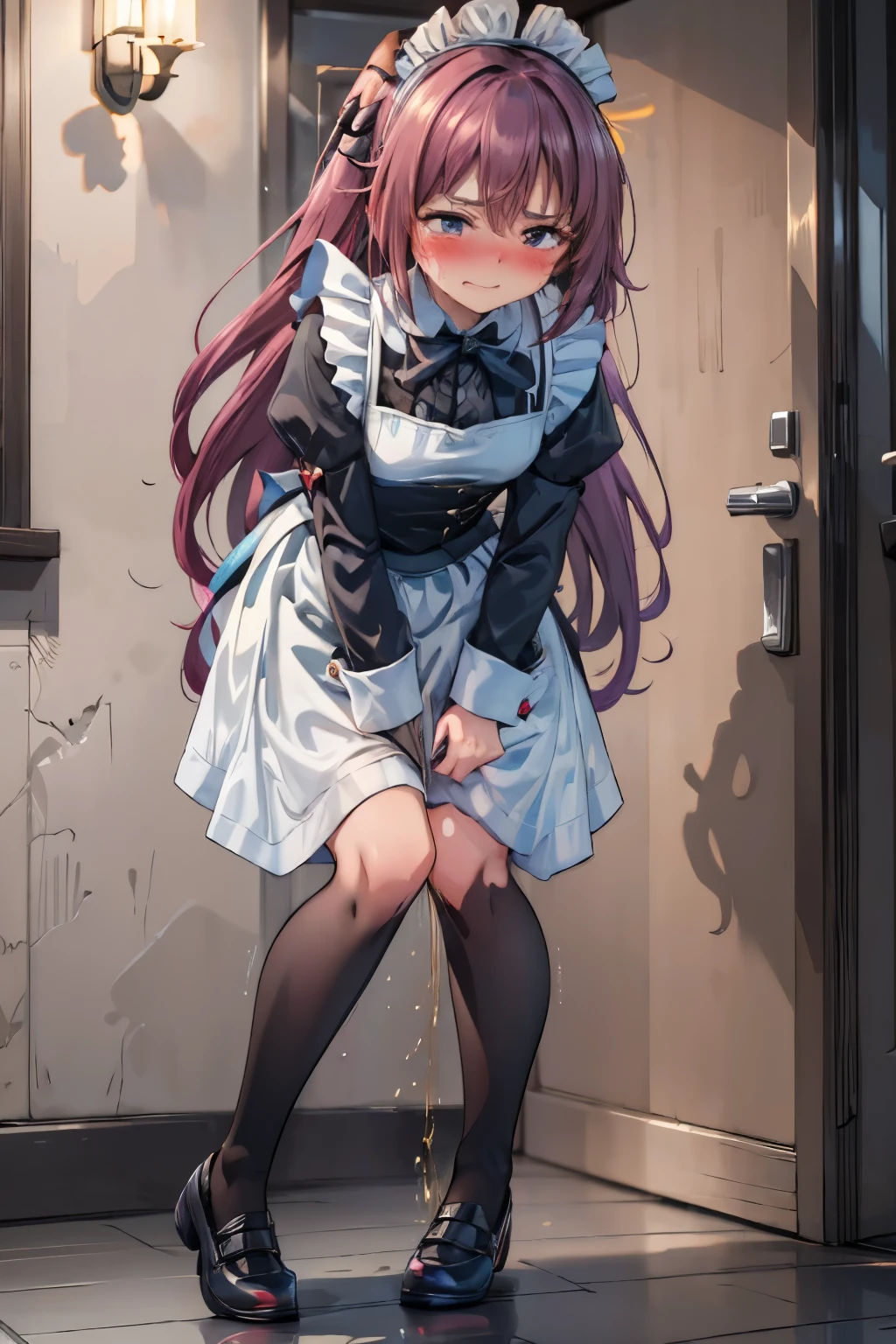 (8K, ultra-detailed, best quality, anatomically perfect body:2), (middle breast:1.2), shiny skin, (1 girl), (have to pee), (urge to pee), (very desperate to pee), girl Rushing to the toilet, (Standing on tiptoe:1.5), (fidget:2), (transparent peeing, wetting self:0.1), (Victorian maid:1.3), (mary Jane shoes:1.3), (leaning forward:1.3), (shrugs:1.6), (orgasm:1.1), (full face blush:1.7), (embarrassment:1.6), (impatience:1.7), (flustered:1.5), (flowing sweat:0.7), (twist whole body:1.6), (panting), breathless, (Humiliation), (Erotic feelings), (closed eyes:0.9), (looking down), (tear:1.4), (head tilt:1.2), (wavy mouth:0.7), (SIGMA 105 mm F/2.8, 1/100 sec shutter, award-winning), nsfw,
