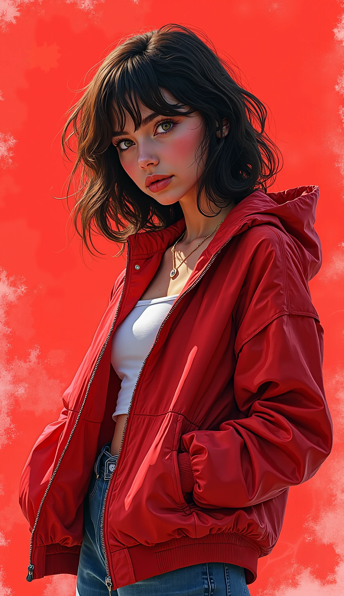 Arafed image of a woman in a red jacket and jeans - SeaArt AI