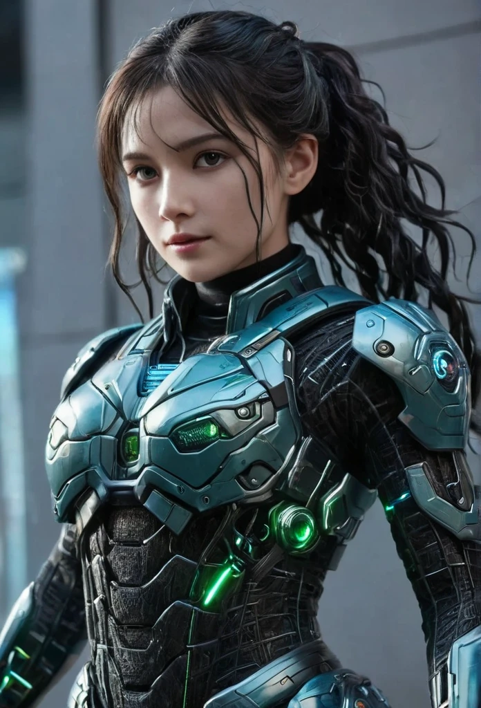 ((masterpiece)), accurate, textured skin, ((super detail)), high quality, high details, highres, best quality, black hair, long hair, Intricately braided hair, symbol-shaped pupils, cinematic lighting, chiaroscuro, textured skin, masterpiece, high details, super detail, A scene from a science fiction movie. A soldier who works in a city on a different planet from Earth. Wearing a functional bodysuit. The shoulders and arms are equipped with mechanical parts. young woman, Heavy armor, green and blue metal parts, (Laser Rifle)