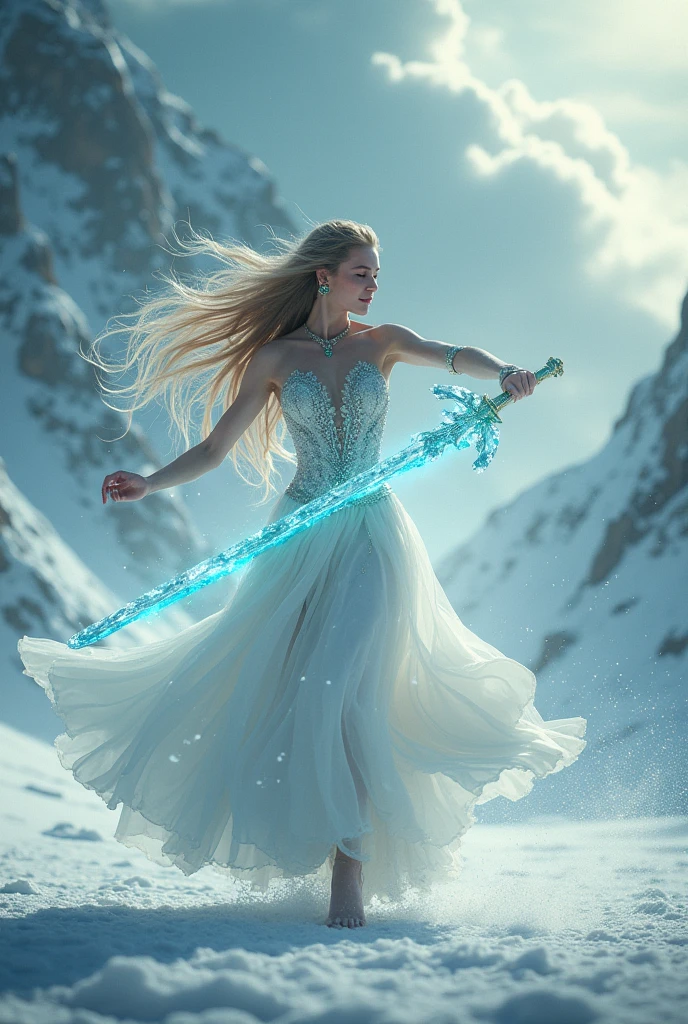 A beautiful woman with long flowing hair wielding an ice rainbow flaming sword, dancing in a snowy landscape, wearing a flowing white dress, adorned with emerald jewels, her confident smiling face surrounded by swirling clouds against a mountainous backdrop, (best quality,4k,8k,highres,masterpiece:1.2),ultra-detailed,(realistic,photorealistic,photo-realistic:1.37),extremely detailed eyes and face,longeyelashes,intricate ice sword,dramatic lighting,moody atmospheric,fantasy,cinematic,digital painting