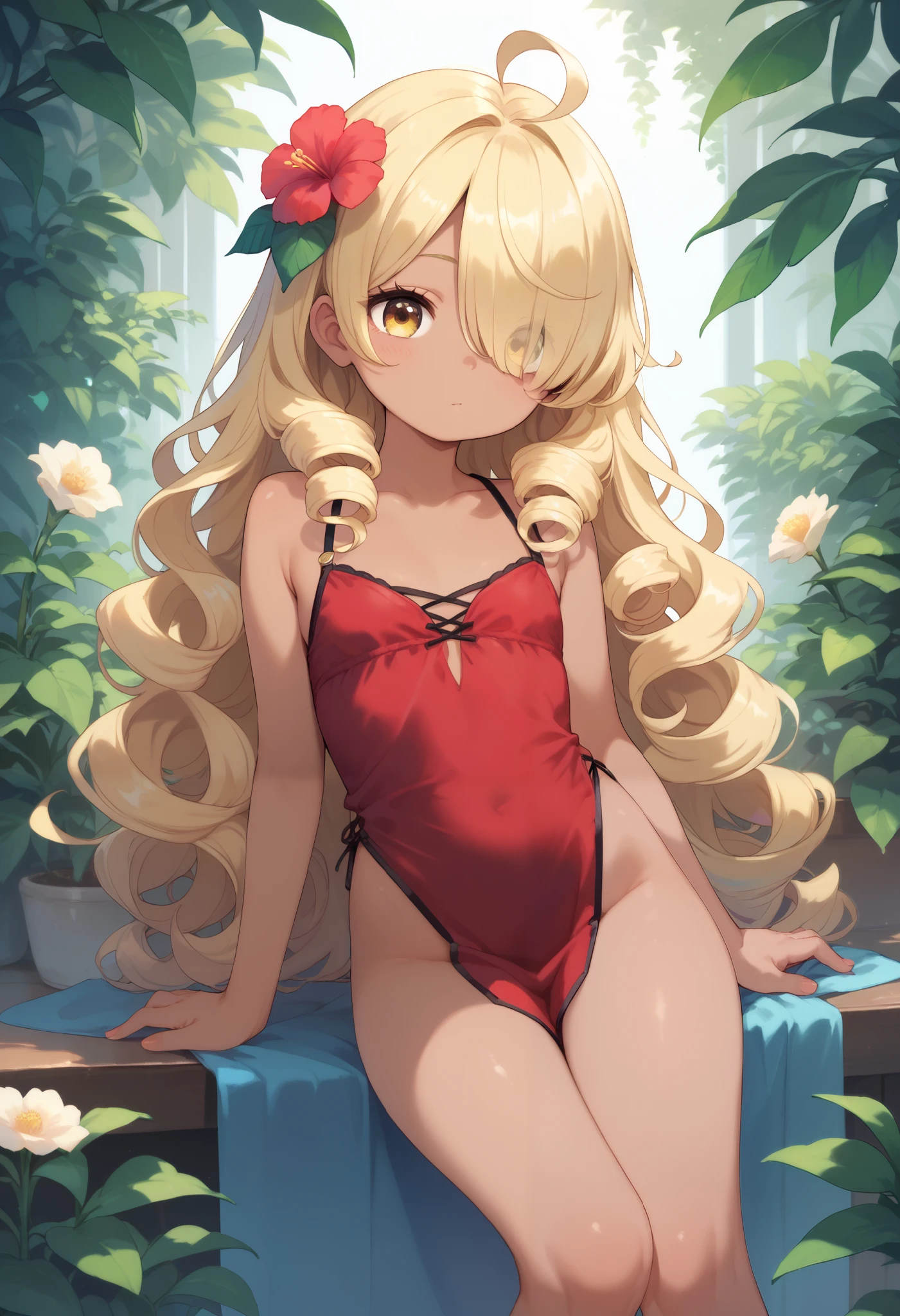 score_9, score_8_up, score_7_up, ******_girl, cute_**li_, Blonde hair, long curly hair, hair over one eye, yellow eyes, long hair, dark skin, ahoge, thigh, cute, sexy, sexy hips, background flower,