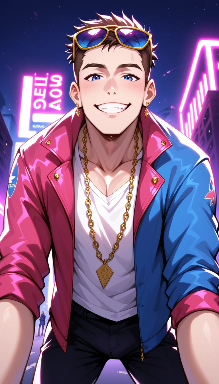 dark environment, dark, neon lighting, glowing, hiphop theme, male focus, leaning forward, looking down at viewer, expressive face, happy, SPFredrinnML, red_SPFredrinnML_eyes, pink_SPFredrinnML_male hair, gold_SPFredrinnML_earrings, grin, teeth, sunglasses, hiphop clothes, jacket, asymmetrical print on clothes, chain necklace, pants, 1boy, blurry outdoors city street, cityscape, scenery, from below, dutch angle, intricately detailed illustration, masterpiece,best quality,amazing quality,very aesthetic,absurdres,newest
