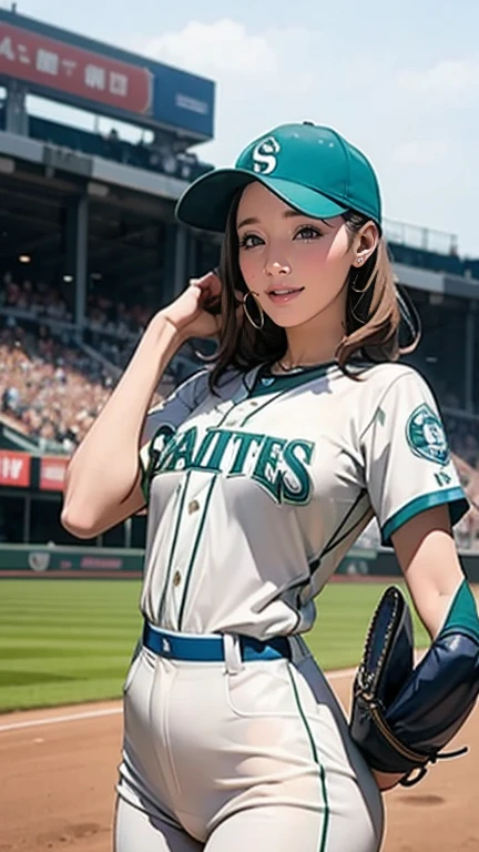  pitcher pitching、Tall、 A very beautiful woman is wearing a Seattle Mariners uniform,At Giants Stadium