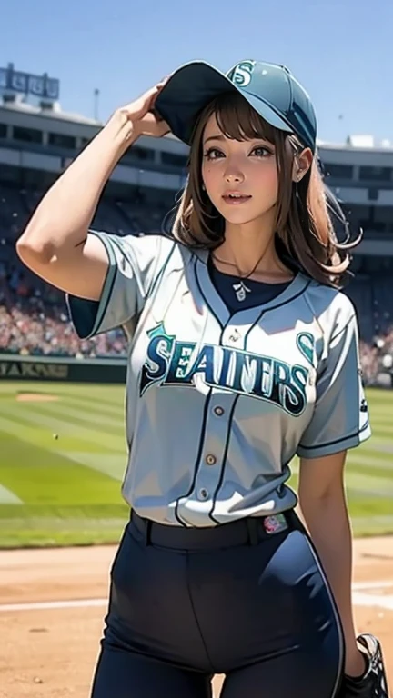  pitcher pitching、Tall、 A very beautiful woman is wearing a Seattle Mariners uniform,At Giants Stadium