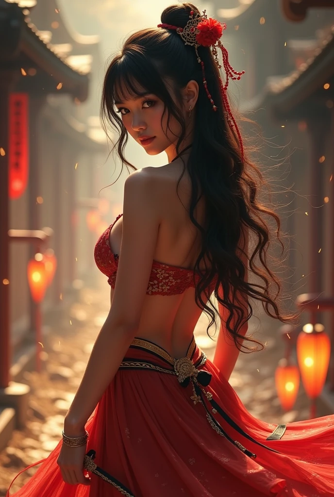 masterpiece,Game Art,Best picture quality,Maximum resolution,8k,(Upper Body,ambush),Unreal Engine 5 rendering works,Ray Tracing,RAW photos,(((Mai Shiranui character))), (((Brown hair color))), ((High Ponytail Hairstyle)), Enjoy the scenery, Focus on the Horizon, (((Perfect eyes))), (((Smile))), 21-year-old girl, Perfect body, (((Perfect anatomical structure))), Tosca Eye Color, Double eyelids, (((Small breasts))), Very detailed skin texture, (Realistic skin), Ultra-fine face, Delicate lips, (((Delicate eyes))), (((Double eyelids))), necklace, Moist skin, Wet hair, Simple background, (Front focus), (On the peaks:1.2), (((Night Atmosphere))), Deep Dark, Surrealist Portraits of Women by David Hockney and Alphonse Mucha, Fantasy Art, (((Photo-realistic))), ((Dynamic poses)), (((World Model Poses))), Dynamic Lighting, Art Station, poster, Volumetric Lighting, Very detailed faces, 4K, in the darkness, (((Night Atmosphere))), ((Deep Shadows)), Low profile, Cowboy shooting, (((Red long skirt))), Lighting Dress, (((Erotic lace dress))), (((stocking))),((3D Unreal Engine)),OC rendering reflection mode