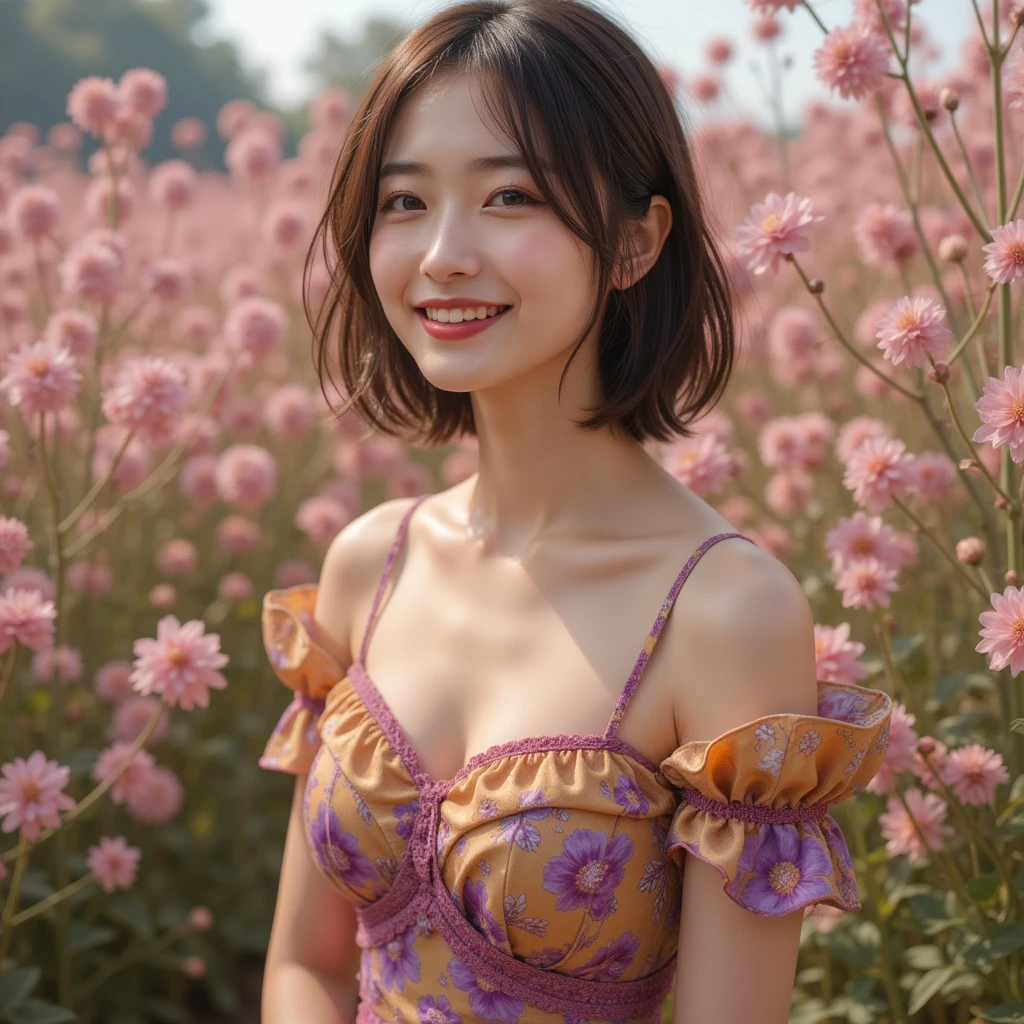 (((best quality))),(((ultra detailed))),(((masterpiece))),illustration,((1 beautiful girl,solo)),((slim,thin)),((small breasts,flat chest)),((summer afternoon)),(standing:1.3),(in cornfield:1.3), (magenta dress:1.5), delicate,(medium straight bob hair:1.2), radiant smile, vibrant atmosphere, elegance, grace,fresh and cool, endless sea of green, towering stalks, densely packed, soothing melody, serene and peaceful, hustle and bustle,majesty, harmoniously, essence of summer, tranquility, relaxation, peacefulness of nature,((from front,upper body))