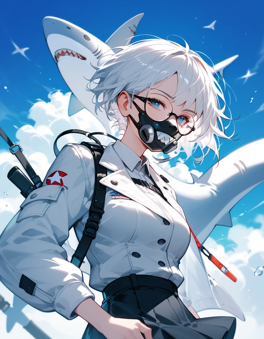  ,White hair,Short hair,I tied my hair, in blue eyes, White coat, medium breasts,cool, put on a black short skirt ,Wear glasses,White Shark Tooth Mask