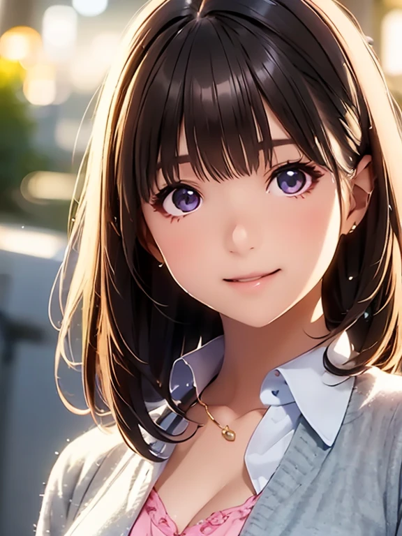   high definition  ,In 8K, best quality , Details,Semi-realistic anime, D-anime style, Smooth Anime CG , one girl, 19-year-old Japanese woman, very cute ,((beauty)), slim,modeling,((Sparkling Eyes)),(( medium hair)),(((black collared shirt ))), pink lips, Shiny brown hair, Detailsな顔,Beautiful and  Details,,((深い青紫色のSparkling Eyes)),(Shut your mouth.),(Laughter),(( jacket)),( open chest shirt),((beautiful jade bokeh background ))