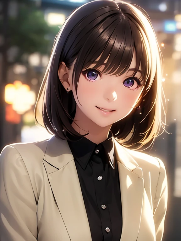   high definition  ,In 8K, best quality , Details,Semi-realistic anime, D-anime style, Smooth Anime CG , one girl, 19-year-old Japanese woman, very cute ,((beauty)), slim,modeling,((Sparkling Eyes)),(( medium hair)),(((black collared shirt ))), pink lips, Shiny brown hair, Detailsな顔,Beautiful and  Details,,((深い青紫色のSparkling Eyes)),(Shut your mouth.),(Laughter),(( jacket)),( open chest shirt),((beautiful jade bokeh background ))