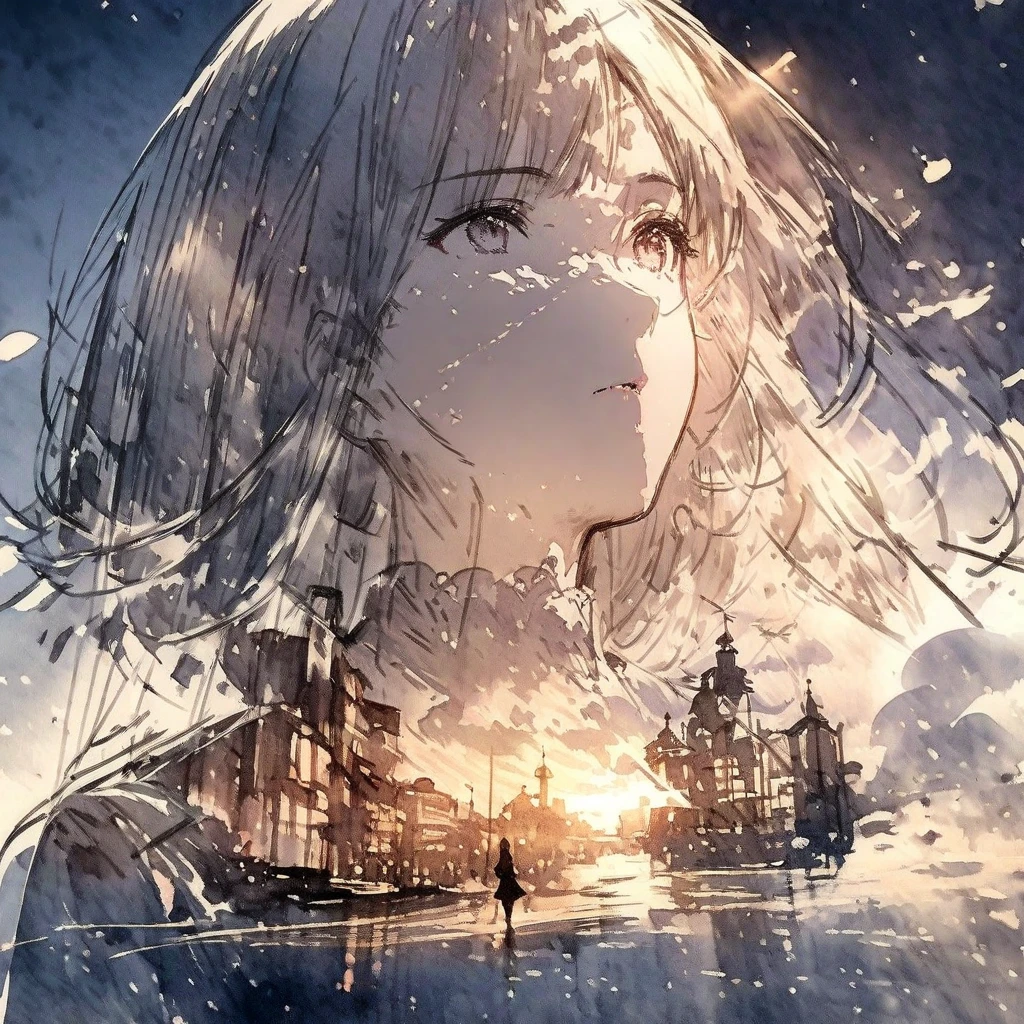 ((sketch:1.5)), ((watercolor:1)), Double Exposure of a Beautiful and Delicate Woman (The face is clear and perfect)image，Background、 Perfect Ultra Detailed Victorian Scenery , beautiful, beautiful笑顔, complicated illustration,  Artwork Concept Artwork, break,(Being polite is the secret to not getting tired),