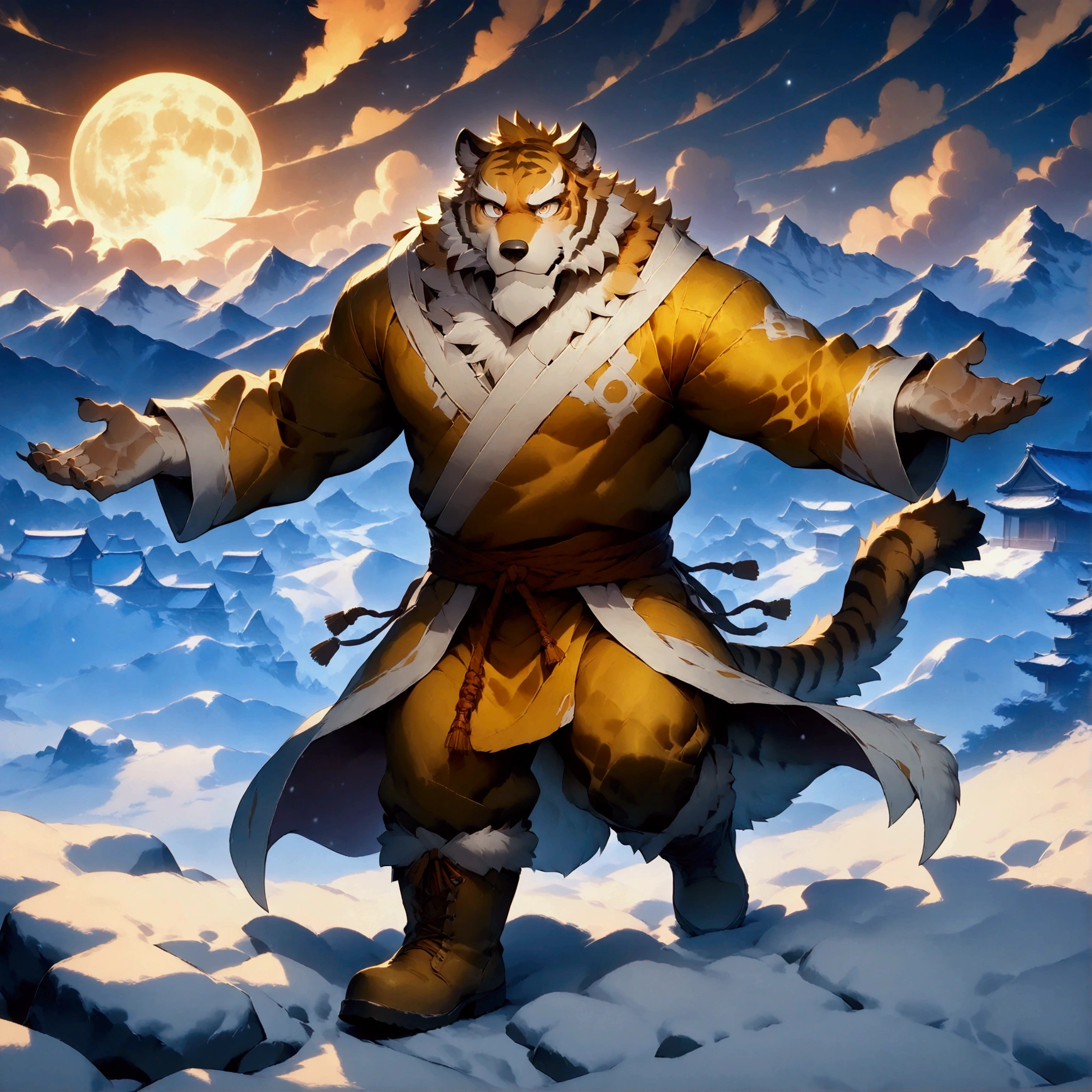 character focus, full body, looking away, various angle, european fantasy, a muscular middle-aged tiger man, heroic costume clothes, robe, shirt, pants, boots, raise both hands, wolf howling moon, dynamic pose, BREAK complete anatomy, perfect proportions, beautiful thigh gap, fluffy body, intricate fur details, beautiful fur texture, BREAK a detailed tiger 1tail, detailed boots, detailed foot, detailed hands, 5fingers, 5fingers nails, BREAK intense face, anime face, insanity detailed face, male face, big face, strong jawline, aesthetic anime eyes, detailed brown eyes, detailed brown cornea, detailed dark brown irises, detailed pupils, male eyes, big eyes, male eyebrows, innocent look, beautiful beard, BREAK full body in Michelangelo Buonarroti style, digital illustration anime, housamo style, detailed painting landscape, full moon night, snow mountain, path, powder snow, outdoor, full color, HDR, BREAK masterpiece, official art, best quality, very aesthetic, absurdres, super fine illustration, great quality, BREAK noise reduction, very highres, large filesize, high quality, 32K, 8k wallpaper, dynamic lighting, BREAK insanity detailed, ultra detailed, intricate details, extremely detailed, detailed texture, an extremely delicate and beautiful, BREAK osukemo, e621 illustration, kemohomo, anthropomorphic, furry, cartoon, harmonious body, pastoral face, virtuous eyes, epic atmosphere