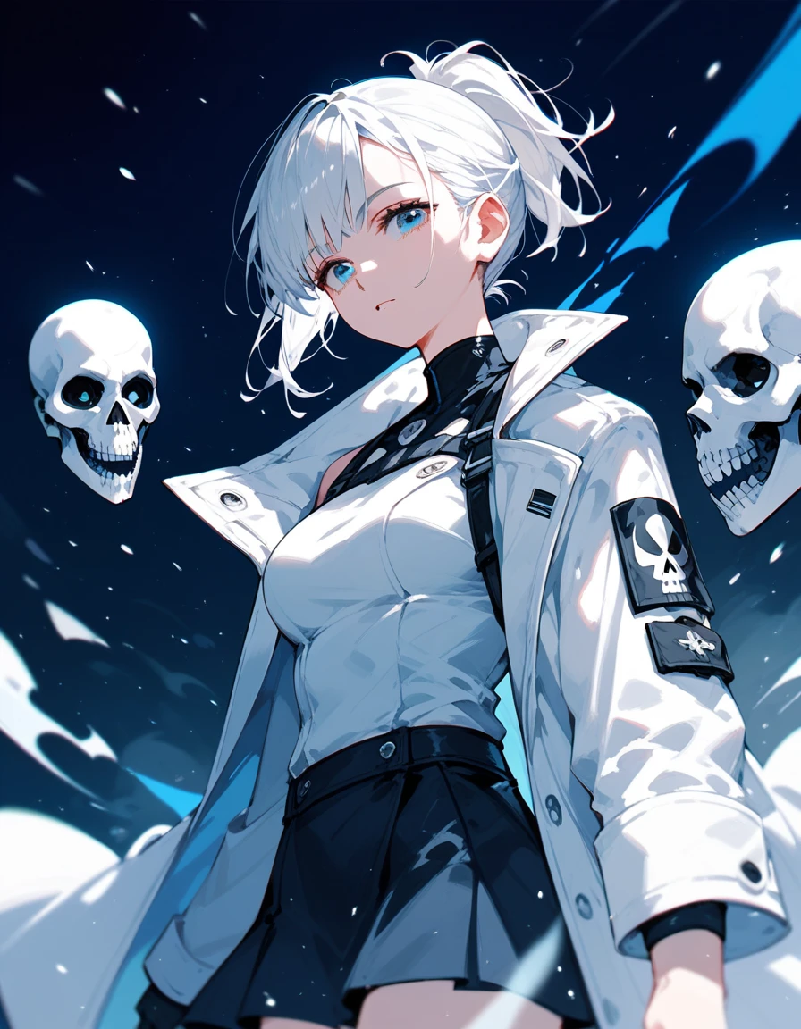  ,White hair,Short hair, Ponytail, in blue eyes, White coat, medium breasts,cool, put on a black short skirt ,White Skull Mask