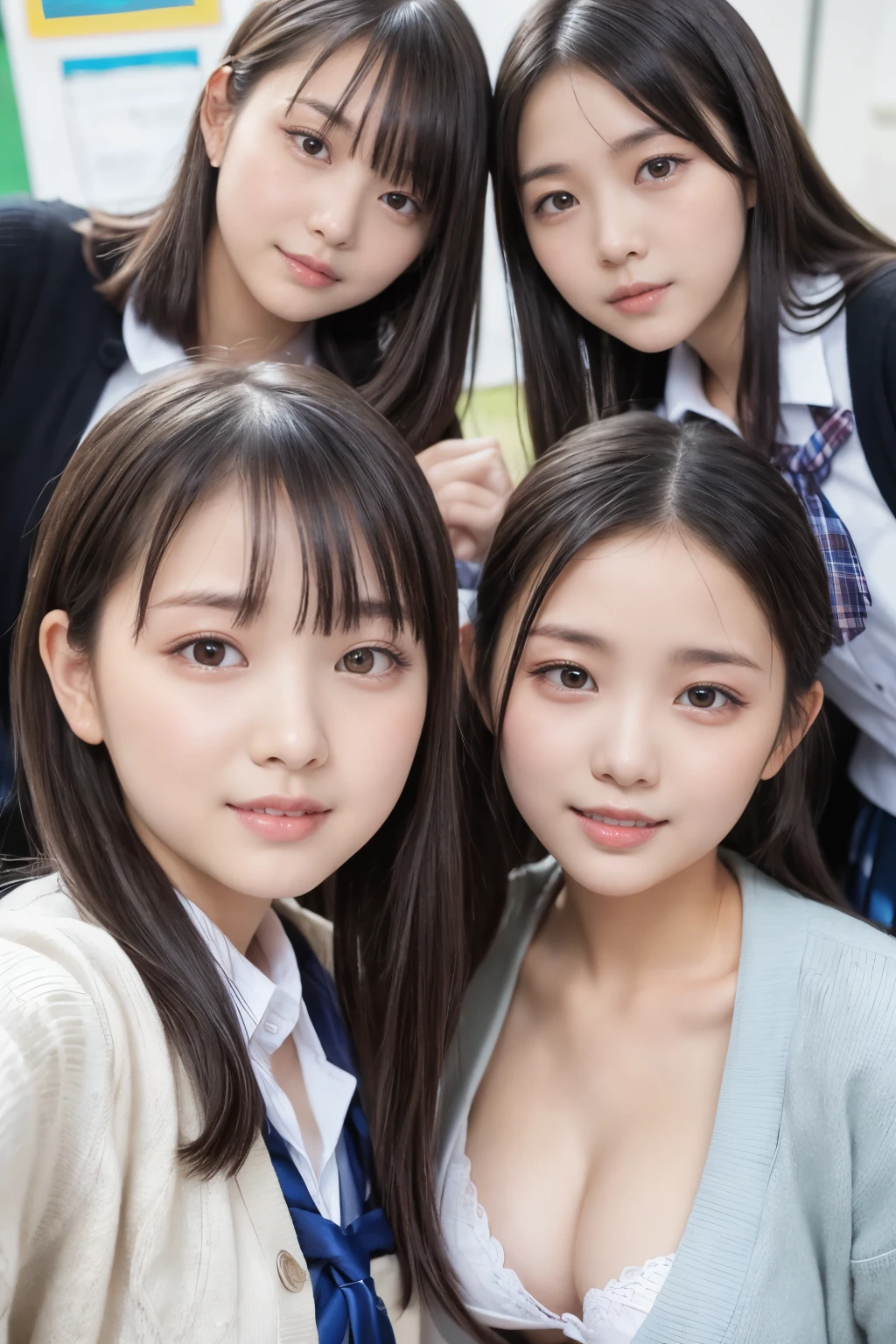 ((top-quality、masutepiece、8K、Top image quality))、Highly saturated、(Group photo of 3 high school girls:1.5)、((School uniform white shirt、Ribbon on the chest、Plaid pleated skirt))、The happiest smile、Biggest smile、Show your teeth and smile、View me、(waved hair)、The background is a school classroom、lipsticks、Perfect makeup、Emphasize body lines、large breast、(accurate anatomy:1.3)、(perfect hair:1.2)、(exact cardigan:1.3)ポニーテール